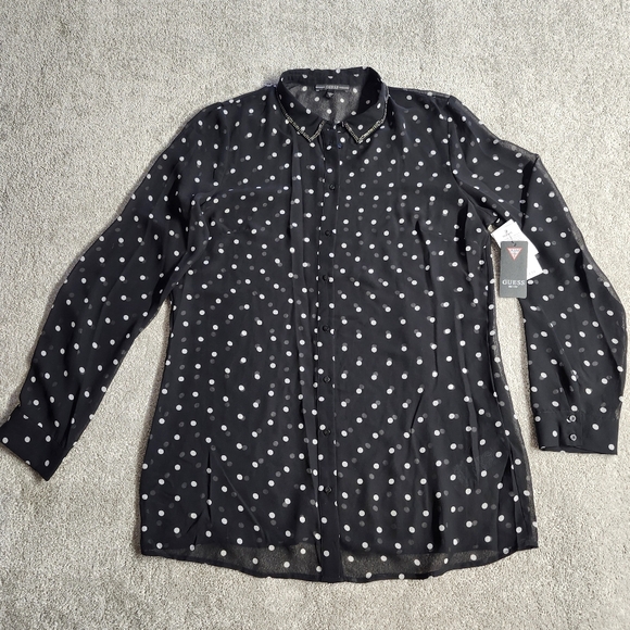 GUESS Women's Blouse XL Polka Dot Black White - Picture 1 of 16